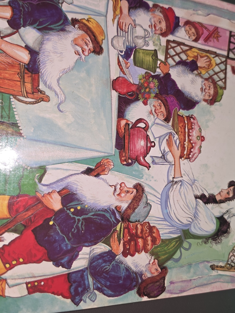 Vintage Storybook Print Featuring Seven Dwarfs in Colorful Scene